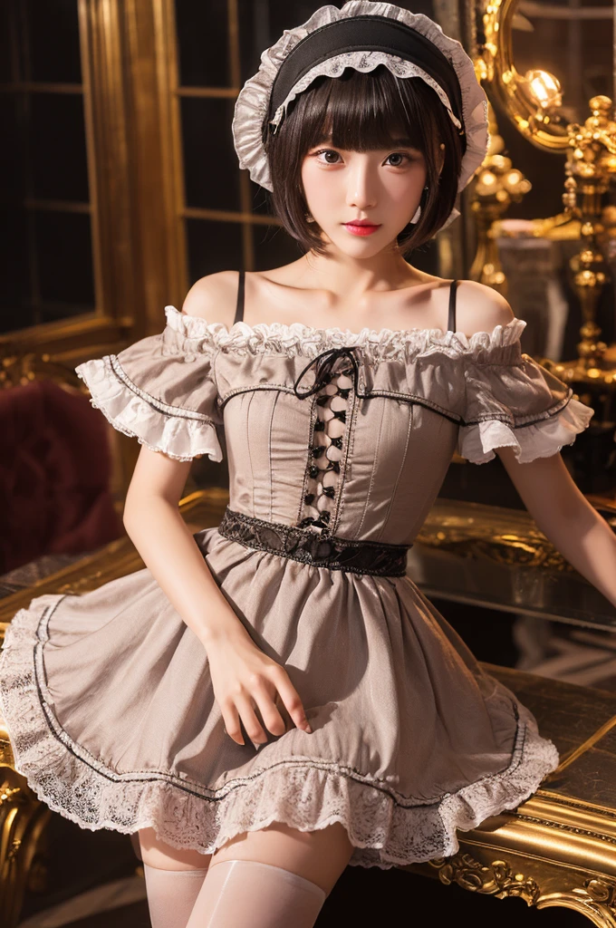 (((Tabletop, Highest quality))), 1 female, (((Very thin body))) , (((length, Thin legs))), (((short black bob, Thick and fluffy bangs ))), (((Highly detailed face))), cosmetically, Small, thin nose, small thin mouth, (((Very sharp focused eyes))), Large slit-shaped, precise pale grey eyes, Shining like a jewel, length eyelashes, ((Highly decorative and complex mechanical steampunk fashion, Lace flare skirt, Above-the-knee lace stockings, Lace Off Shoulder Lolita Fashion, Overly decorative fashion)), Abandoned Night, Exquisitely mechanized steampunk factory catches fire and explodes, (((Overall accuracy has been significantly improved, Create highly detailed and realistic images))), Ultra-realistic photos.
