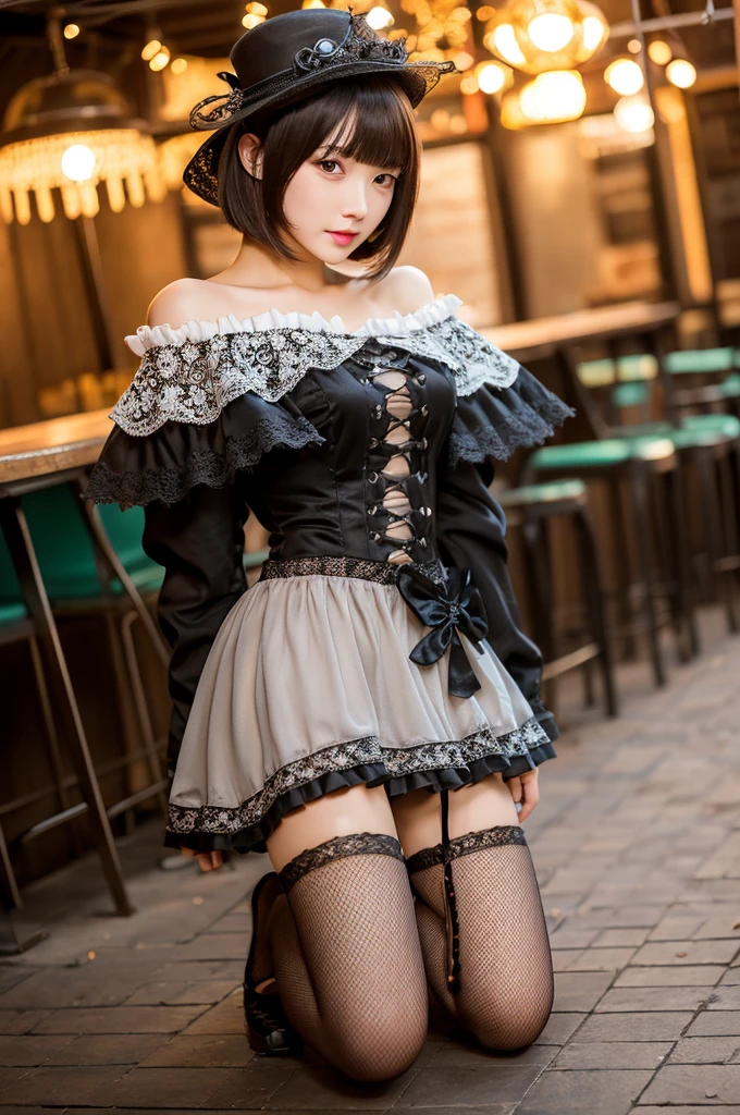 (((Tabletop, Highest quality))), 1 female, (((Very thin body))) , (((length, Thin legs))), (((short black bob, Thick and fluffy bangs ))), (((Highly detailed face))), cosmetically, Small, thin nose, small thin mouth, (((Very sharp focused eyes))), Large slit-shaped, precise pale grey eyes, Shining like a jewel, length eyelashes, ((Highly decorative and complex mechanical steampunk fashion, Lace flare skirt, Above-the-knee lace stockings, Lace Off Shoulder ta Fashion, Overly decorative fashion)), Abandoned Night, Exquisitely mechanized steampunk factory catches fire and explodes, (((Overall accuracy has been significantly improved, Create highly detailed and realistic images))), Ultra-realistic photos.
