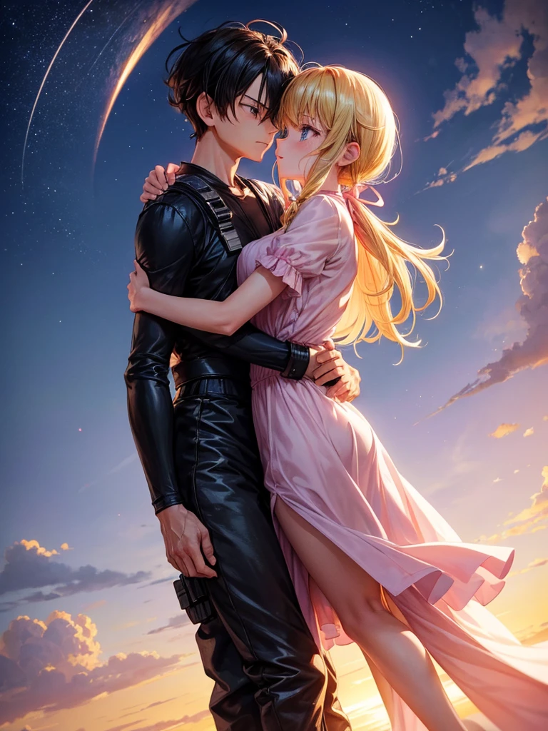 **In an emotional farewell atmosphere, a couple of friends hug each other tightly next to a spaceship. There are only the two of them, with no one else around. The boy is tall and adult, with messy black hair and deep black eyes, wearing a Dragon Ball Z style battle suit, that highlights his strong and determined figure. The girl, shorter than him, He has bright blonde hair, hairstyles in two low pigtails decorated with pink ribbons. His blue eyes reflect a mix of sadness and determination.. She is wearing a pink jumpsuit-type dress that gives her an air of innocence and tenderness..They are on a deserted launch pad, with the imposing spaceship at his side, ready to go. The atmosphere is charged with emotions, with the sky tinted a soft orange tone by the sunset. The soft wind slightly moves the girl's hair and the ribbons of her dress., as they both hold on to each other, knowing that this farewell could be final.The art style should capture the essence of Dragon Ball Z, with dynamic and expressive lines that highlight the intensity of the moment. The scene must convey the loneliness of his farewell, the deep connection between the two friends, and the uncertainty of the future that lies ahead.**