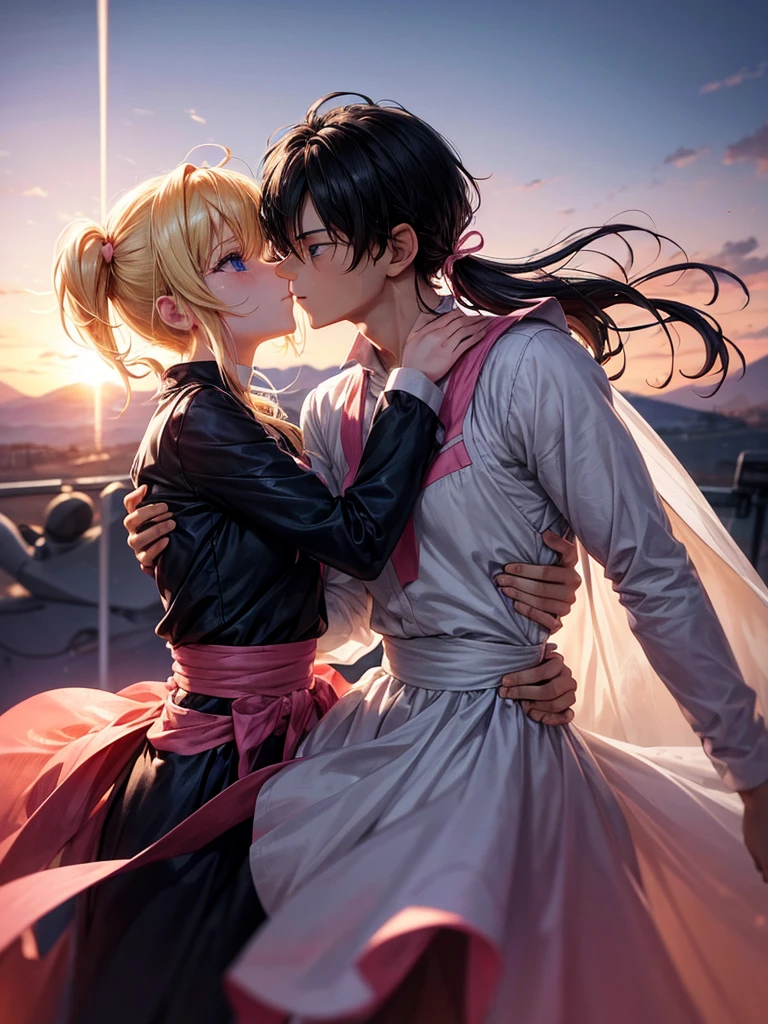 **In an emotional farewell atmosphere, a couple of friends hug each other tightly next to a spaceship. There are only the two of them, with no one else around. The boy is tall and adult, with messy black hair and deep black eyes, wearing a Dragon Ball Z style battle suit, that highlights his strong and determined figure. The girl, shorter than him, He has bright blonde hair, hairstyles in two low pigtails decorated with pink ribbons. His blue eyes reflect a mix of sadness and determination.. She is wearing a pink jumpsuit-type dress that gives her an air of innocence and tenderness..They are on a deserted launch pad, with the imposing spaceship at his side, ready to go. The atmosphere is charged with emotions, with the sky tinted a soft orange tone by the sunset. The soft wind slightly moves the girl&#39;s hair and the ribbons of her dress., as they both hold on to each other, knowing that this farewell could be final.The art style should capture the essence of Dragon Ball Z, with dynamic and expressive lines that highlight the intensity of the moment. The scene must convey the loneliness of his farewell, the deep connection between the two friends, and the uncertainty of the future that lies ahead.**