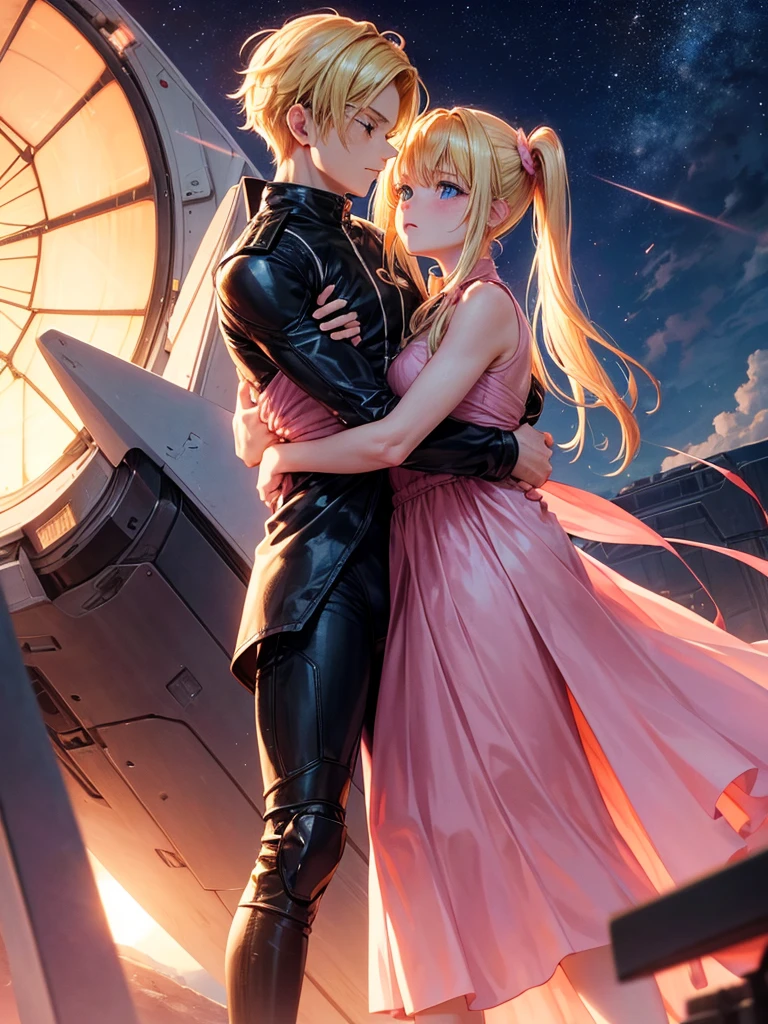 **In an emotional farewell atmosphere, a couple of friends hug each other tightly next to a spaceship. There are only the two of them, with no one else around. The boy is tall and adult, with messy black hair and deep black eyes, wearing a Dragon Ball Z style battle suit, that highlights his strong and determined figure. The girl, shorter than him, He has bright blonde hair, hairstyles in two low pigtails decorated with pink ribbons. His blue eyes reflect a mix of sadness and determination.. She is wearing a pink jumpsuit-type dress that gives her an air of innocence and tenderness..They are on a deserted launch pad, with the imposing spaceship at his side, ready to go. The atmosphere is charged with emotions, with the sky tinted a soft orange tone by the sunset. The soft wind slightly moves the girl's hair and the ribbons of her dress., as they both hold on to each other, knowing that this farewell could be final.The art style should capture the essence of Dragon Ball Z, with dynamic and expressive lines that highlight the intensity of the moment. The scene must convey the loneliness of his farewell, the deep connection between the two friends, and the uncertainty of the future that lies ahead.**