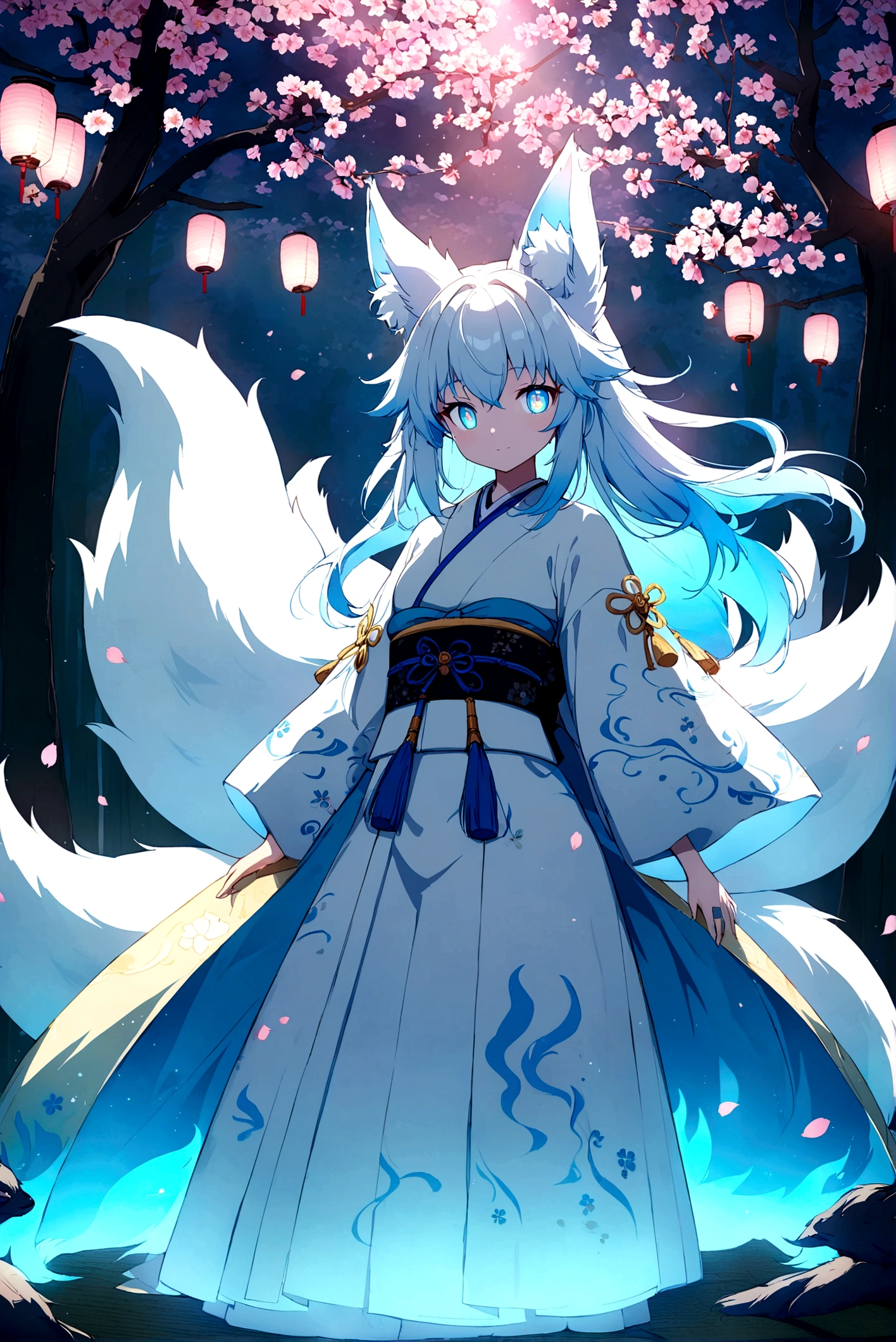 fox Light blue hair beast girl indigo fur fox beast girl fox Light blue hair beast girl indigo fur fox beast girl Wallpaper 4k,8k,highly detailled,,vivid colors,detailed kitsune with 9 tails,traditional Japanese artwork,tatami floor,beautiful cherry blossoms,floating lanterns,dark silhouette of a pagoda,subtle moonlight,dense forest,ethereal atmosphere,dappled sunlight,whimsical spirit,serene expression,elaborate kimono and obi,delicate hand-painted details,luminous eyes Anime Style fox blue White-faced golden-haired nine-tailed fox Coat blue mysterious background Blue Flame girl have a ball of light Anime Style fox blue White-faced golden-haired nine-tailed fox Coat blue mysterious background Blue Flame girl have a ball of light