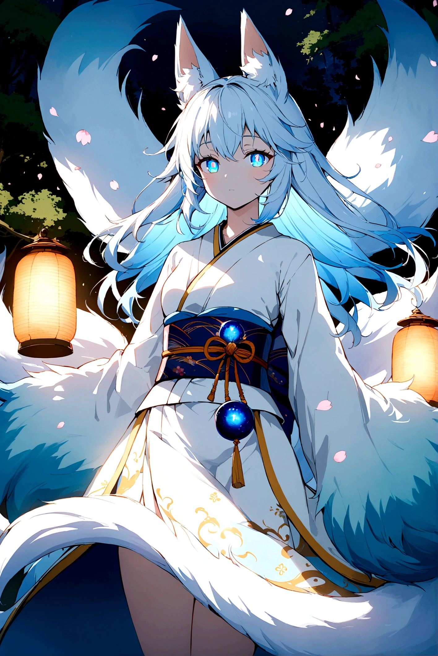 fox Light blue hair beast girl indigo fur fox beast girl fox Light blue hair beast girl indigo fur fox beast girl Wallpaper 4k,8k,highly detailled,,vivid colors,detailed kitsune with 9 tails,traditional Japanese artwork,tatami floor,beautiful cherry blossoms,floating lanterns,dark silhouette of a pagoda,subtle moonlight,dense forest,ethereal atmosphere,dappled sunlight,whimsical spirit,serene expression,elaborate kimono and obi,delicate hand-painted details,luminous eyes Anime Style fox blue White-faced golden-haired nine-tailed fox Coat blue mysterious background Blue Flame girl have a ball of light Anime Style fox blue White-faced golden-haired nine-tailed fox Coat blue mysterious background Blue Flame girl have a ball of light