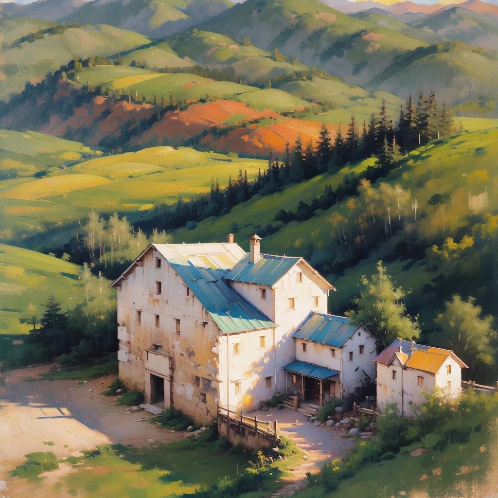 Mountain Landscape Print | Vintage oil painting, (OLD FARM HOUSE) AERIAL VIEW OF MINAS GERAIS - SUNSET
