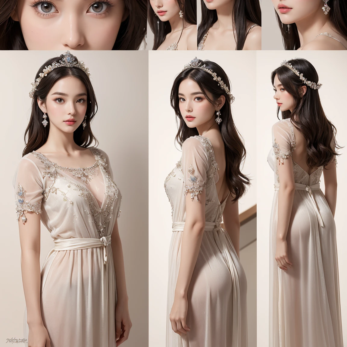 (masterpiece, highest quality), ultra detailed, high resolution, 16k, the most beautiful face in the world, highly detailed beautiful face and eyes, shiny skin, fine cloth texture, perfect anatomy, BREAK, (the incarnation of beauty:1.5), (goddess of beauty:1.5), (gorgeous and stunning princess:1.5), (perfect make-up:1.3), loving look, full of elegance. (full body:1.5), (three view drawing, front and back and side, character sheet:1.2)