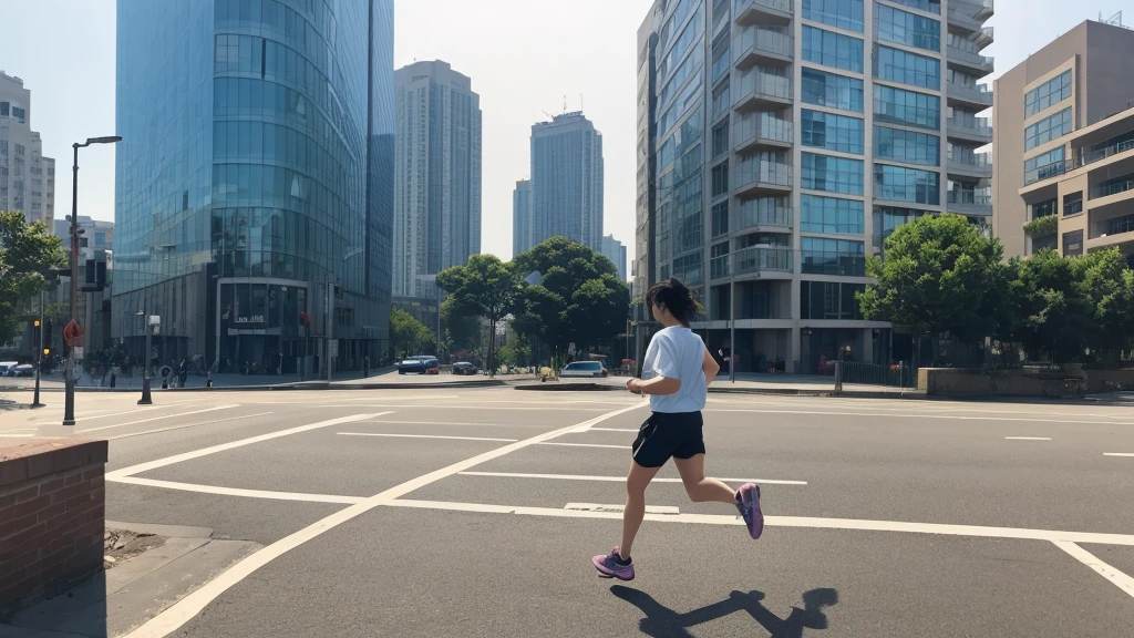 The building in the background remains the same、Leave a person alone、The person is running towards the back of the picture.、Make sure your back is visible but not your face。