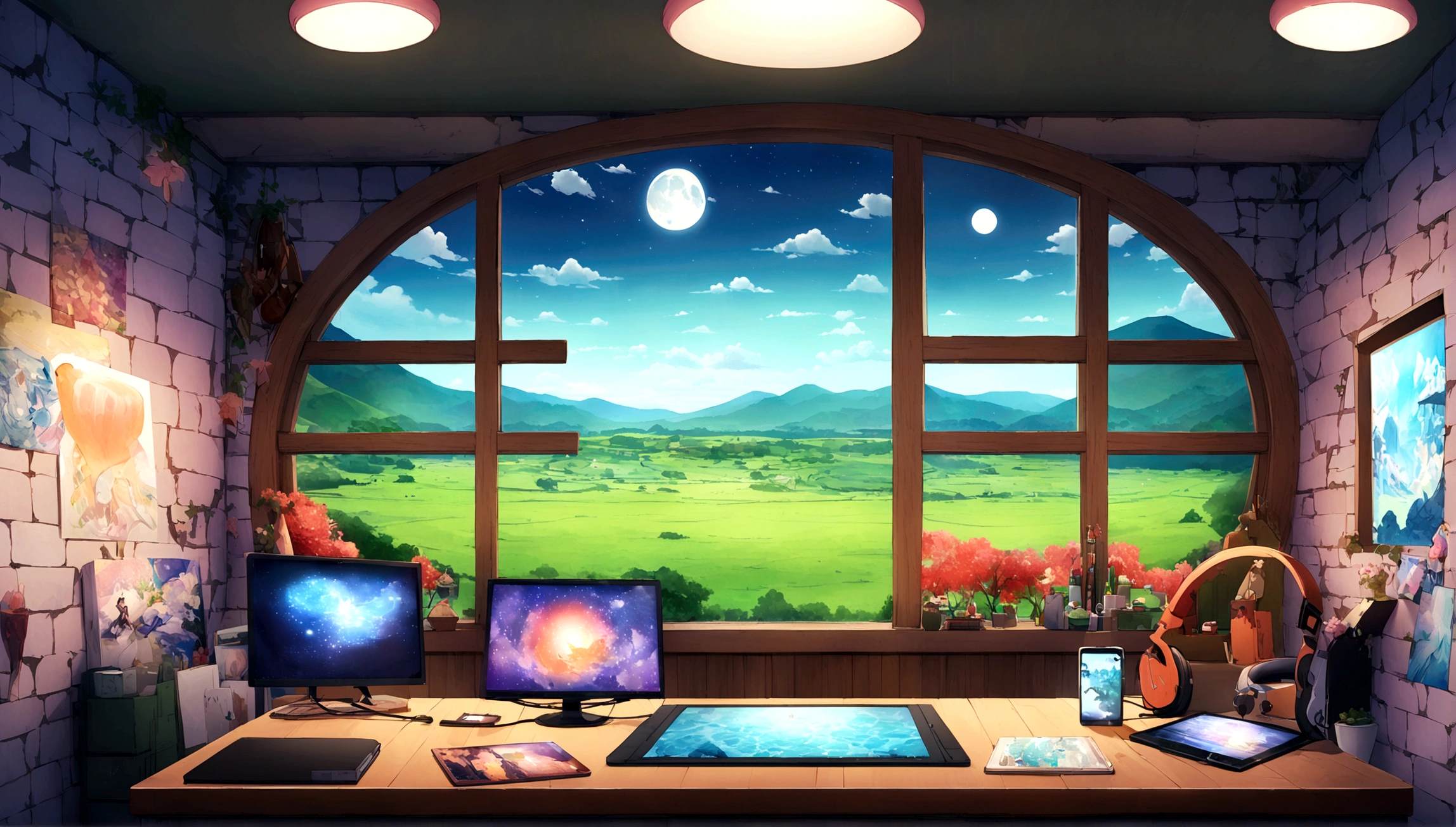on the desk、No people、Tablet、liquid crystal、moon、PC Monitor、liquid crystalTablet、smartphone、wall、Dark atmosphere、Blue Neon、Blue Star、White Cat、Vocal Microphone、Headphones、Large windows、landscape、窓の前のon the deskの白い花とラップトップ、Digital painting inspired by Gyokudō Uragami、pixiv Contest Winner、magical realism、Magical Lab Background、Magic Background、Background Art、Personal room background、Random background scenes、アニメのBackground Art、Cozy cafe background、Fairytale style background、Background Artワーク、Mobile Game Background