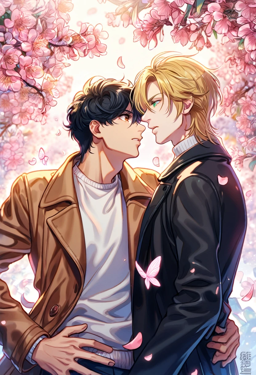 absurdres, highres, ultra detailed, HDR, master piece, best quality, Ash Lynx, blonde hair, expressive green eyes, banana fish, Okumura Eiji, black hair, expressive brown eyes, two sexy men together, yaoi, gay couple, handsome, brown coat, white sweater, black coat, fantasy, shining, pink flowers, pink blossoms, pink butterflies, pink petals