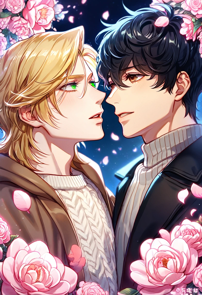 absurdres, highres, ultra detailed, HDR, master piece, best quality, Ash Lynx, blonde hair, expressive green eyes, banana fish, Okumura Eiji, black hair, expressive brown eyes, two sexy men together, yaoi, gay couple, handsome, brown coat, white sweater, black coat, fantasy, shining, pink flowers, pink blossoms, pink butterflies, pink petals