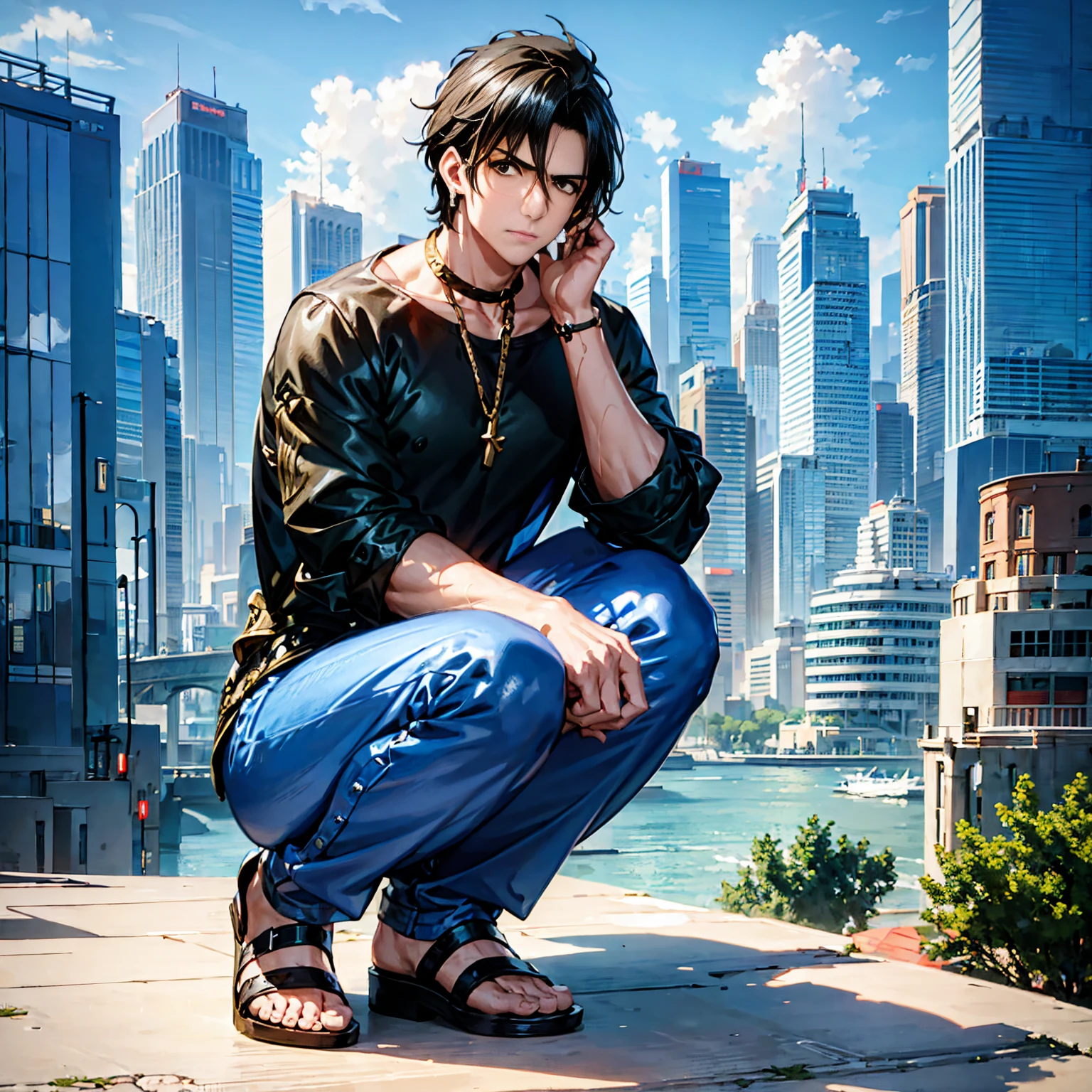 Anime-like illustration, fantastic atmosphere, a very handsome young man with black hair and black eyes, wearing a blue and white T-shirt, blue pants, and black sandals, squatting alone in a cityscape with a blue sky. He has a detailed, symmetrical face and clear, expressive eyes. The background is a modern cityscape with a vibrant urban atmosphere and no one around