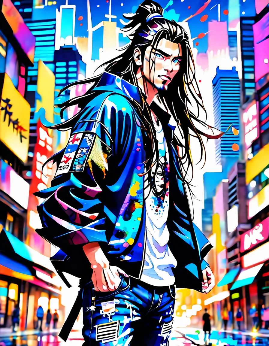 Blurred outline, masterpiece, handsome samurai, long hair, coldly shining beautiful blue eyes, cold sneer, beautiful teeth with perfectly aligned teeth, dark painting on face, flashy jacket with lots of patches, tight jeans, pop sneakers, angled from above and in front, deformed downtown cityscape with paint splattered in the background, pop and flashy watercolor style