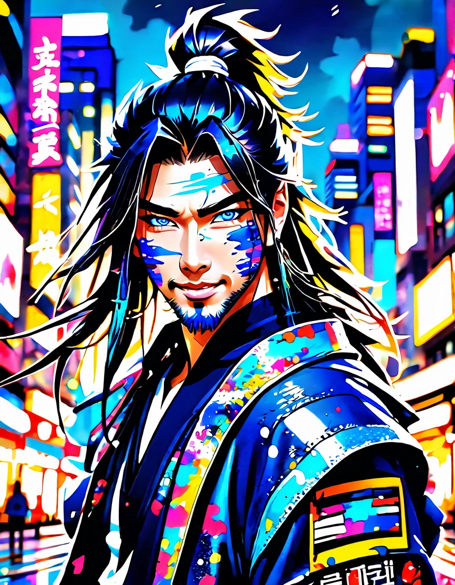Blurred outline, masterpiece, handsome samurai, long hair, coldly shining beautiful blue eyes, cold sneer, beautiful teeth with perfectly aligned teeth, dark painting on face, flashy jacket with lots of patches, tight jeans, pop sneakers, angled from above and in front, deformed downtown cityscape with paint splattered in the background, pop and flashy watercolor style