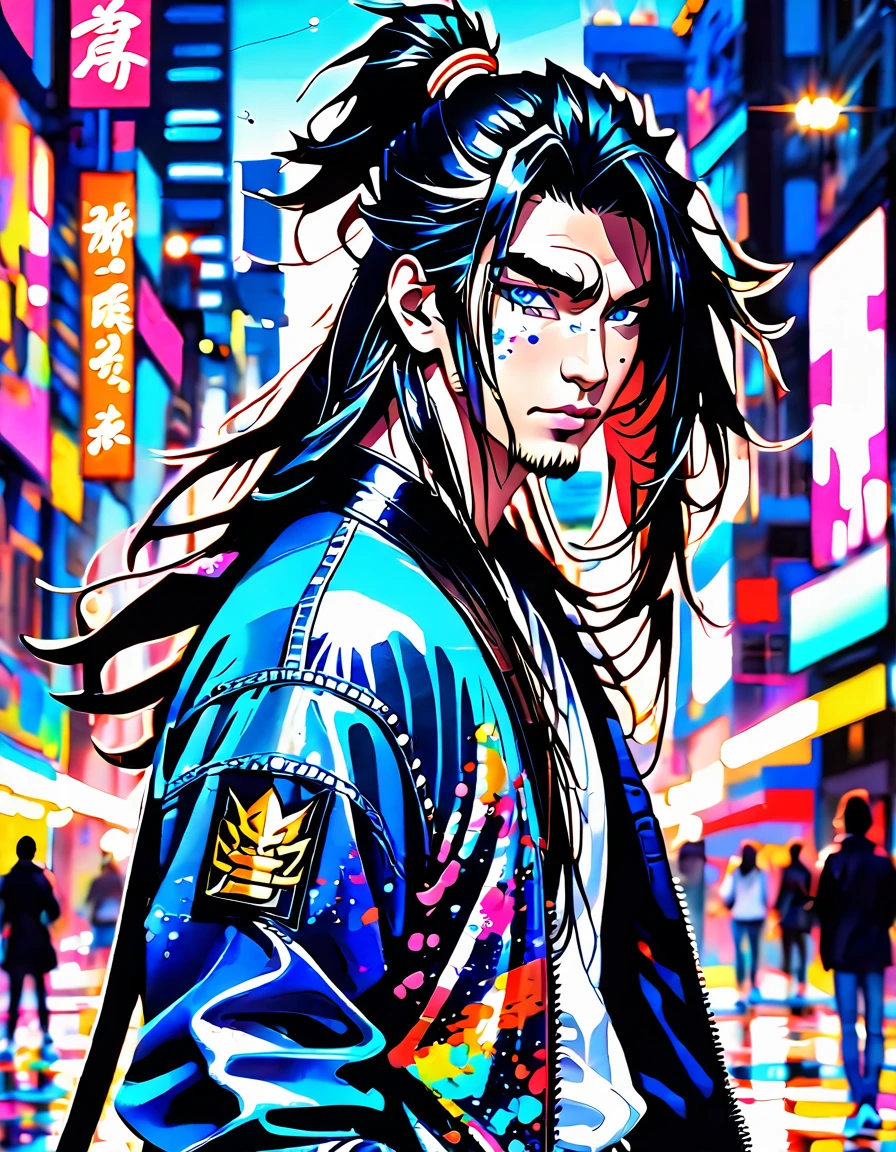 Blurred outline, masterpiece, handsome samurai, long hair, coldly shining beautiful blue eyes, cold sneer, beautiful teeth with perfectly aligned teeth, dark painting on face, flashy jacket with lots of patches, tight jeans, pop sneakers, angled from above and in front, deformed downtown cityscape with paint splattered in the background, pop and flashy watercolor style