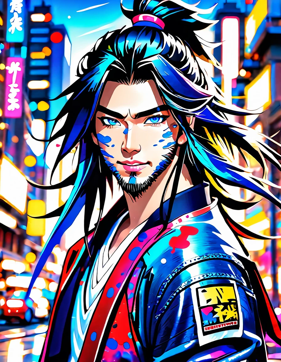 Blurred outline, masterpiece, handsome samurai, long hair, coldly shining beautiful blue eyes, cold sneer, beautiful teeth with perfectly aligned teeth, dark painting on face, flashy jacket with lots of patches, tight jeans, pop sneakers, angled from above and in front, deformed downtown cityscape with paint splattered in the background, pop and flashy watercolor style