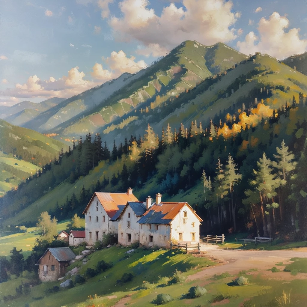 Mountain Landscape Print | Vintage oil painting, (OLD FARM HOUSE) AERIAL VIEW OF MINAS GERAIS - SUNSET