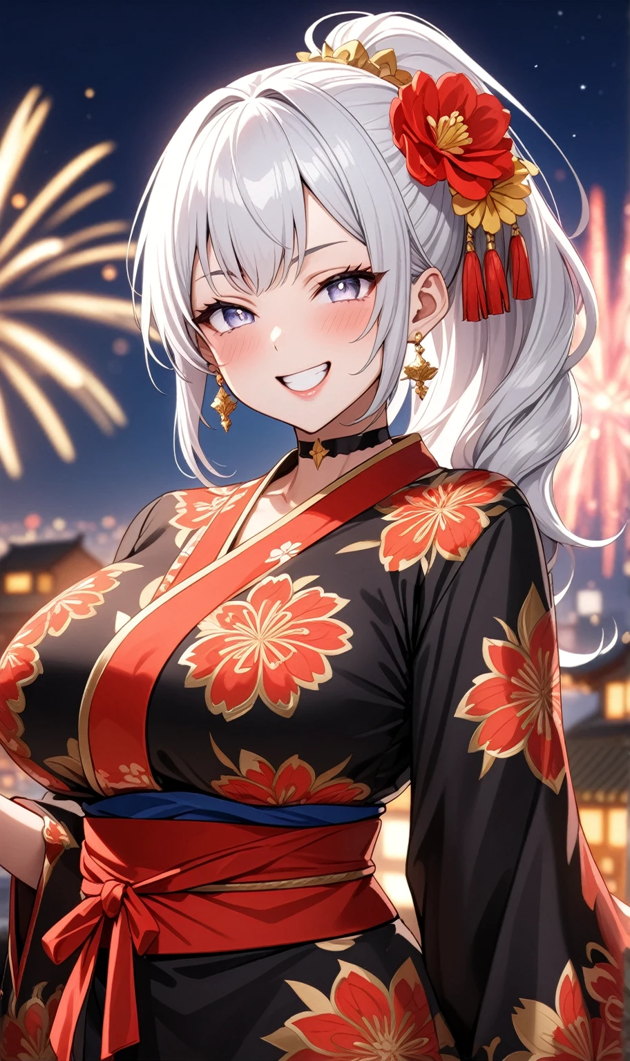 (One personの女性)), Beautiful Face, (Laughing embarrassedly), (smirk), ((Wink:2.0)),  Laugh with your mouth wide open,((Bright red cheeks:1.4)),Shiny red lips, night,rooftop,Festivals, firework,Glossy red lips,Facial lighting,((Anime style background)),masterpiece, Highest quality, so beautiful,up to date, Complex details, (Pink long nails), (ring),(bracelet),(choker),AI-generated, Complex,High resolution, Highest quality, super high quality,3D Images、3D Images,One person,Long white hair in a high ponytail,(blue eyes),  ((Fine grain、Silvery white colorful eyes、Shining Eyes:1.4)), (Squint your eyes:1.1), 写真のポーズをとるAnime Women, a hyperRealistic , hyperRealistic , Realistic,Anime Women, Smooth anime CG art, A woman in a colorful kimono with gold embroidery, (Black long sleeve kimono), Red floral pattern,Long flower hair ornament,Earrings,Mature Body,(Big Breasts:1.1),Tall,Abdominal muscles,Narrow waist,(Zoom in on face:1.8),