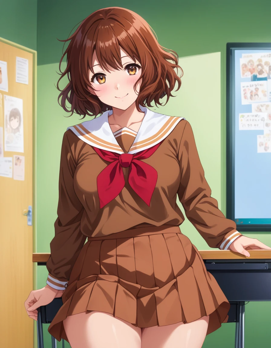 Highest quality, High resolution, masterpiece, (Beautiful Eyes), (Fine grain), Detailed face, kumiko oumae, Brown eyes, Brown Hair, short hair, Wavy Hair, smile, blush, skirt, shirt, Long sleeve, , pleated skirt, neckerchief, brown skirt, White sailor collar, brown shirt, Kitauji High , red neckerchief, indoor, classroom, Chair, machine, View your viewers, Cowboy Shot, (skirtを持ち上げる:1.5), (skirt that rolls up), (Panties in full view), (Wide pelvis), (Thick thighs), (White panties), nsfw