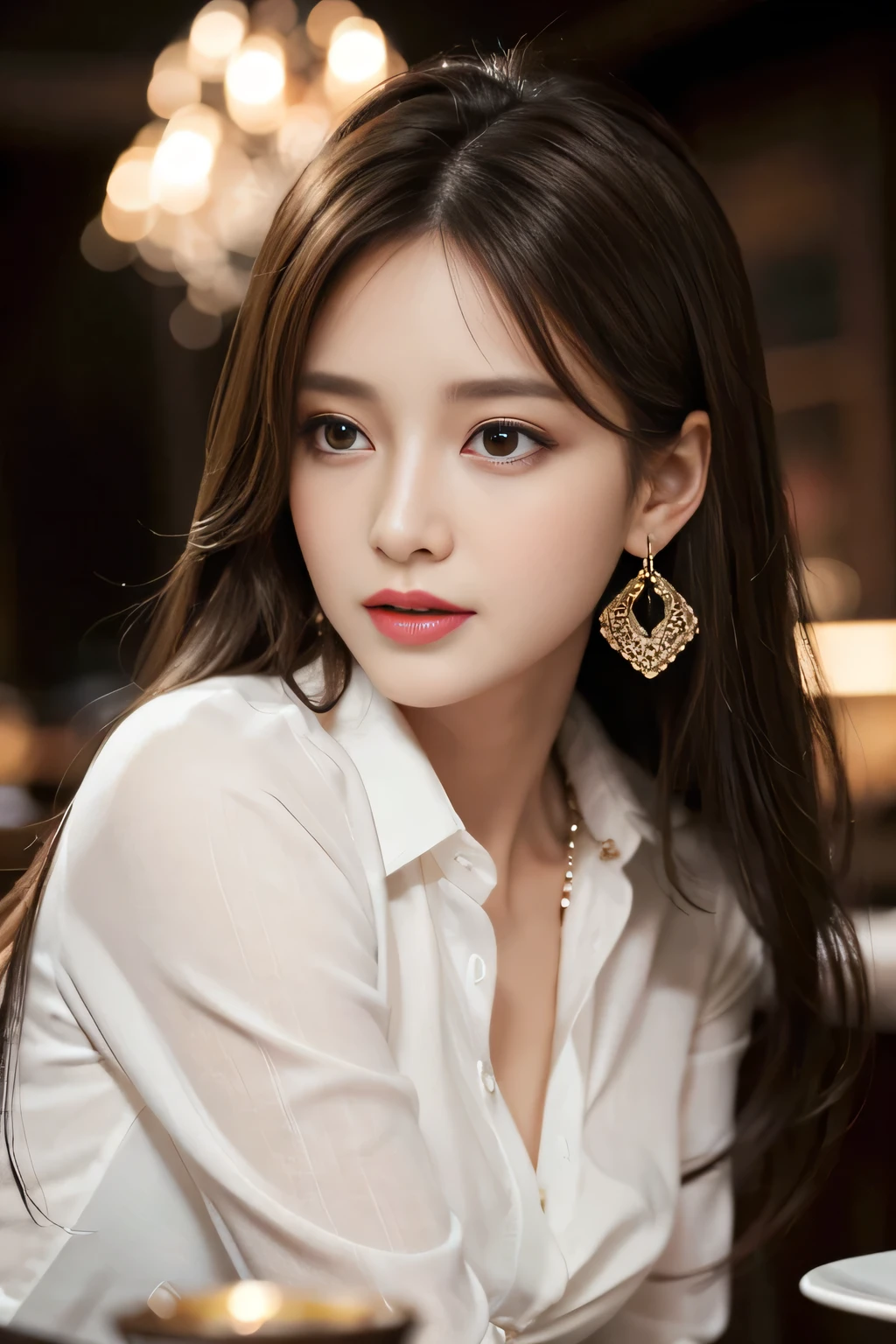 masterpiece, Highest quality, Realistic, Very detailed, Finer details, High resolution, 8k wallpaper, One beautiful woman, Wear an elegant white shirt, In a great restaurant, At night, Light brown messy hair, Perfect dynamic composition, Beautiful and beautiful eyes、Big earrings、