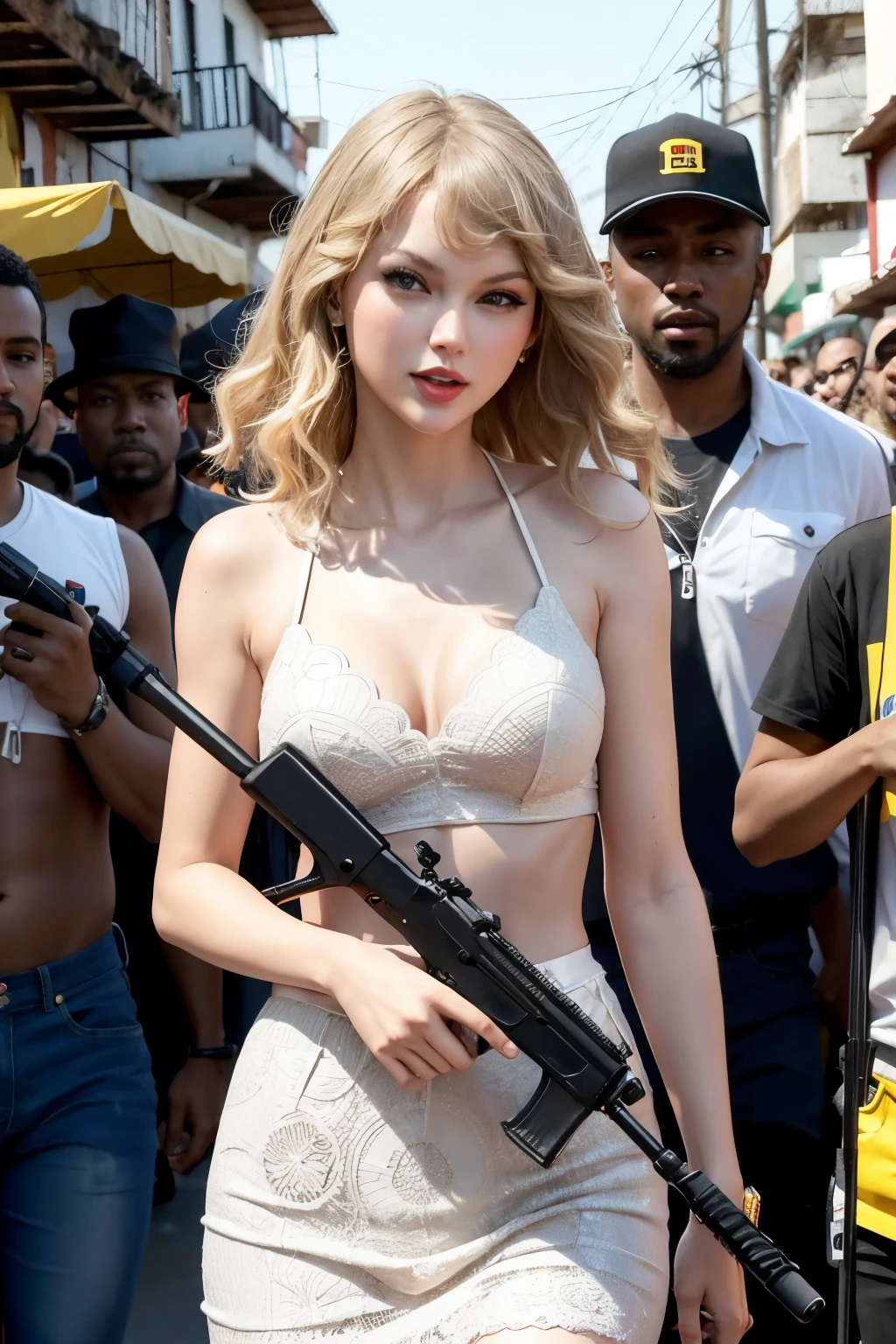 Monkeys in favelas with Singer Taylor swift having commemoration in the festival  in brazil , and taylor with a gun and fuzil  and black guys with her