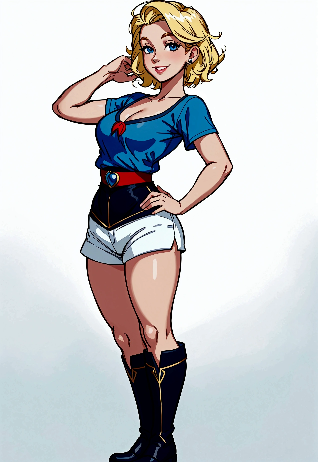 (disney style), (masterpiece, best quality:1.2), disney ariel, blonde short hair, blue eyes, white top, shorts, black boots, smile, standing, front. white background. whole body. 6 abs.
