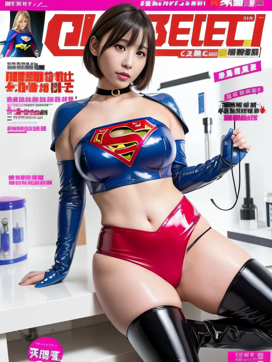 masterpiece、Supergirl Costume、short hair、operating table、Patent leather boots、Big and ample 、choker、Long sleeve、Red mini skirt、Looking at the camera、Research Room、Messy lab equipment、Inspection equipment、Medical equipment、Medical practice、Physical examination、latex、Alluring、Weekly magazine cover、Off the shoulder、Boasting beautiful legs、