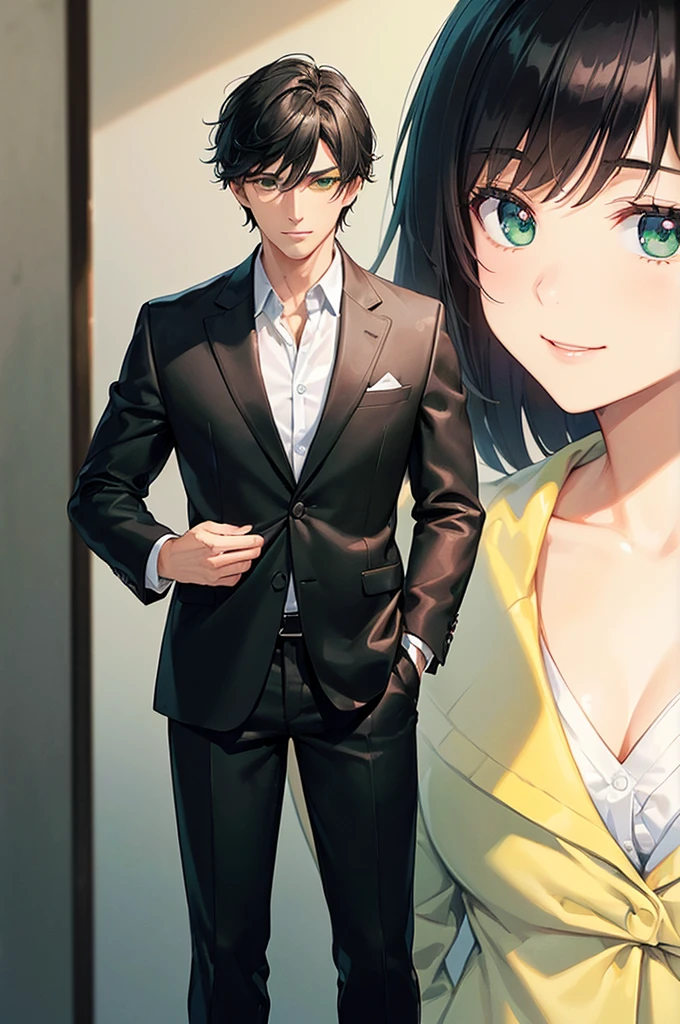 (masterpiece; best quality: 1.2), (finely detailed beautiful eyes: 1.5), ((1 man)), ((solo)), (green eyes: 1.4), (masculine; lean: 1.3), (very short black hair: 1.3), (beautiful and clear background: 1.2), (extremely detailed CG + ultra-detailed + best shadow: 1.1), ((depth of field)), (clothes; black blazer, pants + white shirt: 1.3), (anime illustration: 1.2), (background; suburban house interior + furniture: 0.8), (extremely fine and handsome: 1.1), (shot composition; standing + close-up: 1.5), (expression; calm, smile: 1.2)