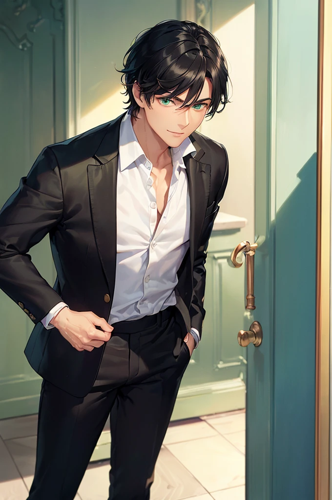 (masterpiece; best quality: 1.2), (finely detailed beautiful eyes: 1.5), ((1 man)), ((solo)), (green eyes: 1.4), (masculine; lean: 1.3), (very short black hair: 1.3), (beautiful and clear background: 1.2), (extremely detailed CG + ultra-detailed + best shadow: 1.1), ((depth of field)), (clothes; black blazer, pants + white shirt: 1.3), (anime illustration: 1.2), (background; suburban house interior + furniture: 0.8), (extremely fine and handsome: 1.1), (shot composition; standing + close-up: 1.5), (expression; calm, smile: 1.2)