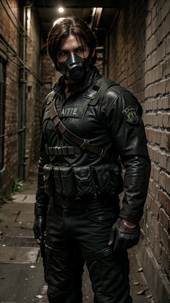 Resident Evil 4 illustration, game Resident Evil 4, Hunk character is wearing a black Swat uniform and wears a black M04 gas mask and a black M-88 model helmet, Hunk has a machine gun, shooting zombies, he is in an alley with an old brick wall, beco americano na cidade de Raccoon City, hunk character. Crie o hunk character de Resident Evil.
