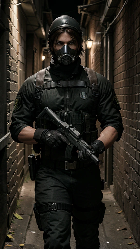 Resident Evil 4 illustration, game Resident Evil 4, Hunk character is wearing a black Swat uniform and wears a black M04 gas mask and a black M-88 model helmet, Hunk has a machine gun, shooting zombies, he is in an alley with an old brick wall, beco americano na cidade de Raccoon City, hunk character. Crie o hunk character de Resident Evil.