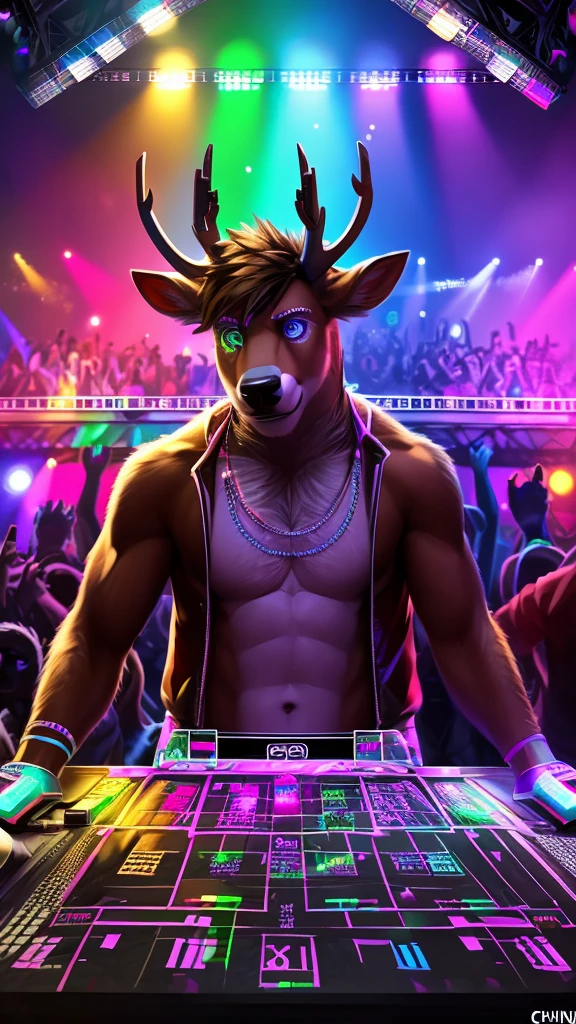 there is a deer man playing as a DJ at a party, on a very magnificent stage, A man facing the audience, Camera shot from the top right corner, scene from a rave, at a rave, hairy pov art, background art, popular rave party, partying at a rave, commission for high resolution, fursona art, [Chunie art style], rave party with dj, with blue, red, white, purple and green lights, excited face, enjoying DJ Rave, (plan wide: 1:3), (Realistic eye detail: 1:2), Standing, high details, high quality, award-winning, high definition, 16K, (best quality,4K,8K,high resolution,Artwork:1.2 ),ultra-detailed,realistic:1.37,high definitionR,Uhigh definition,studio lighting,extreme detailed description,professional,vivid colors,bokeh,lively atmosphere,natural lighting