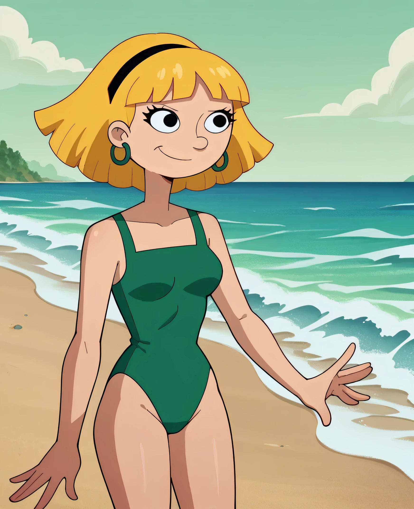 score_9_up,score_8_up,score_7_up,score_6_up,score_5_up,score_4_up BREAK olga pataki,1girl, solo, blonde hair, short hair, black hairband, hoop earrings, bangs, bare shoulders, medium breast, collarbone, cowboy shot, a green one piece swimsuit, ocean, beach, a large big waves splashing around her, long legs, gold earrings, seductive smile, movie style