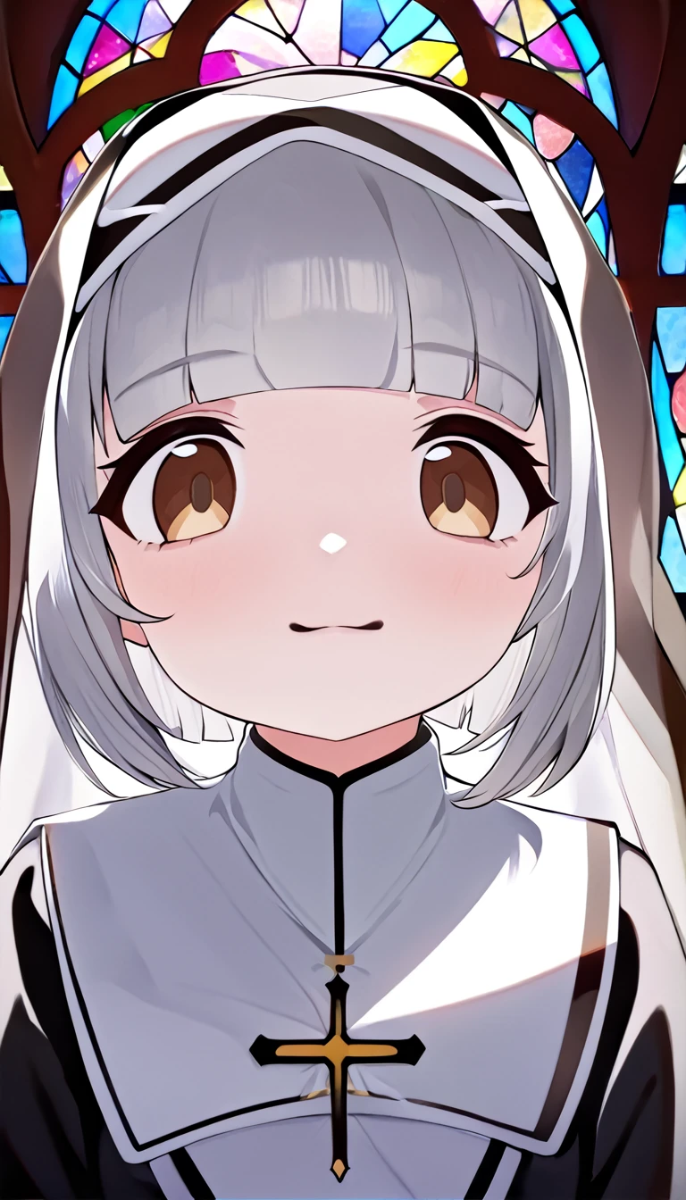 best quality, super fine, 16k, incredibly absurdres, extremely detailed, 2.5D, delicate and dynamic depiction, beautiful and cute nun, long face, wearing pure white monastery uniform, silver bob cut, blunt bangs, pink cheeks, droopy brown eyes, background monastery with stained glass
