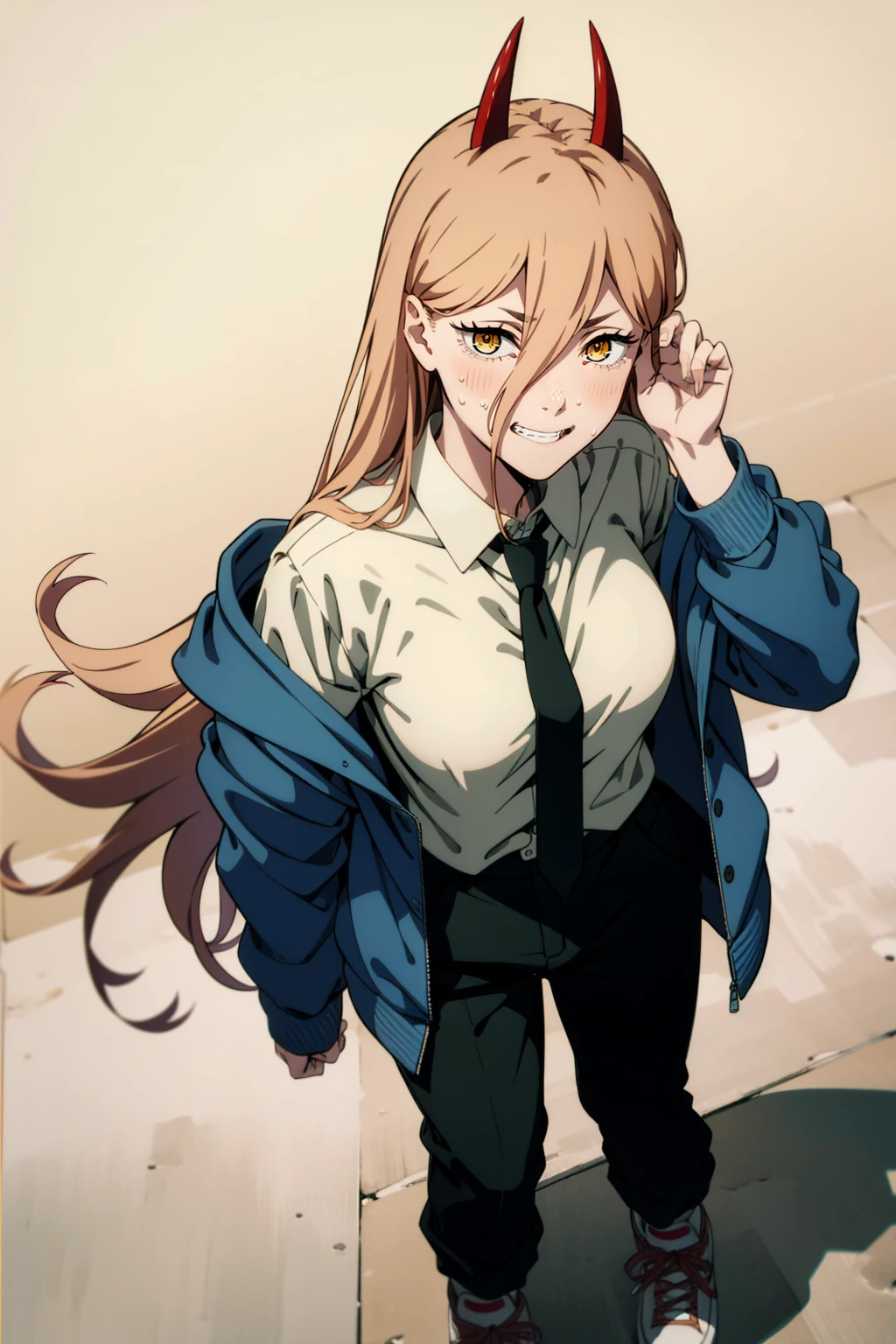 1girl, blonde_hair, yellow_eyes, 1girl, blonde_hair, yellow_eyes, a hot girl with bright red horns posing in a white shirt and blue tie, 1girl, solo, horns, breasts, shirt, cross-shaped pupils, sharp teeth, teeth, smile, white background, simple background, long hair, hair between eyes, white shirt,sneakers, , looking at viewer, symbol-shaped pupils, blue jacket, open clothes, jacket, pink hair, red horns, grin, collared shirt, black pants, upper body,unbuttoned shirt ,from above, ((full body)),lace bra