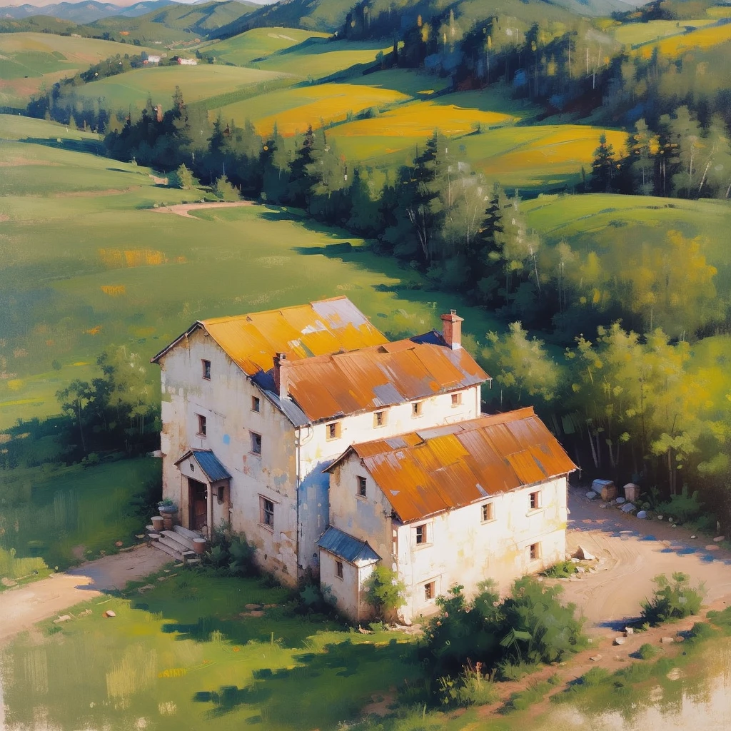 Mountain Landscape Print | Vintage oil painting, (OLD FARM HOUSE) AERIAL VIEW OF MINAS GERAIS - SUNSET