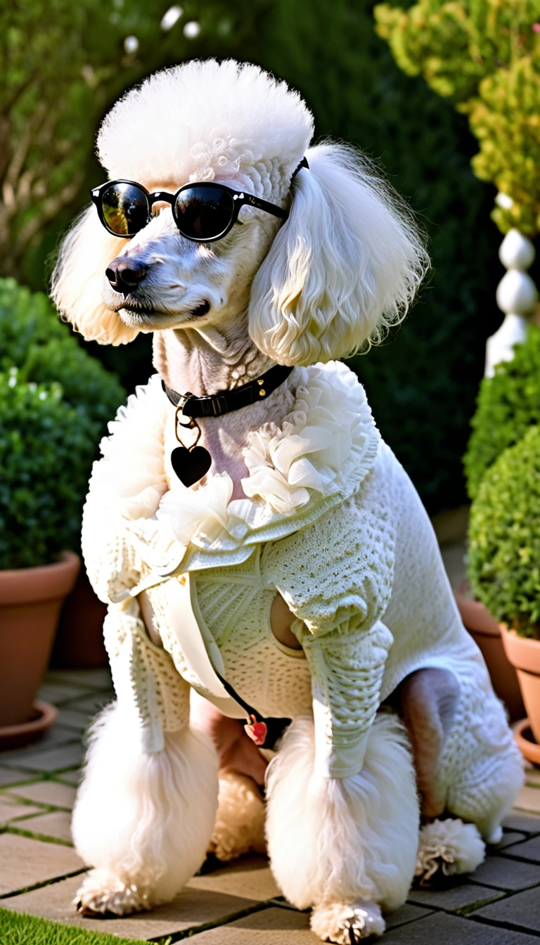 There is no one, realistic photo, photo realism, realism, poodle (Poodle), perfect composition, intricate details, Very sharp, masterpiece, profile, high resolution, looking at the viewer, Full body photo in garden background
