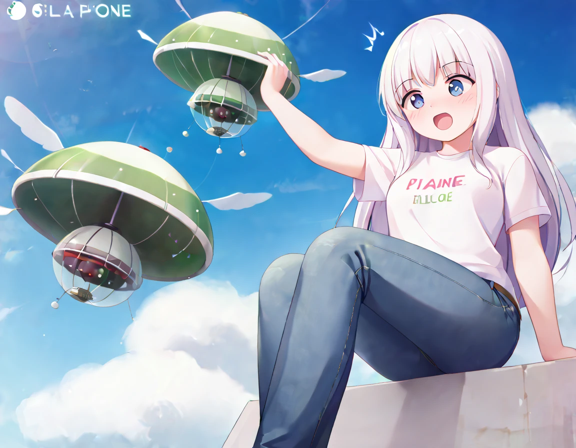 Black long hair、Twin-tailed Girl、Bigger in the center、T-shirt and jeans、Surprised face、A large unidentified flying object (UFO) is flying、Spaceman、A shining light from the UFO、blue sky、White cloud