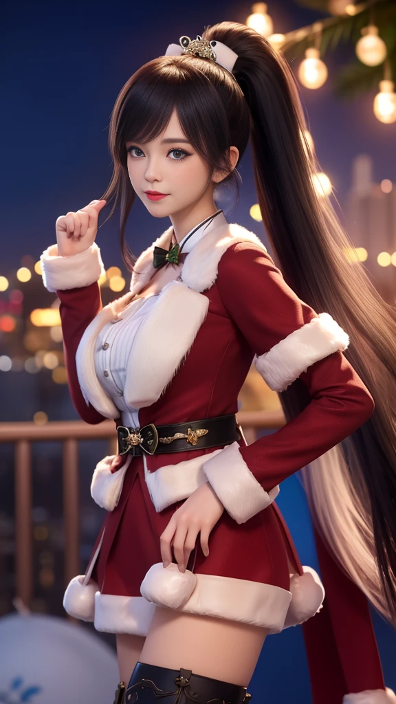 1 Girl, Long hair, skirt,Hair accessories, city View, night, , Boss,白色skirt,Ponytail,,blue eyes,Ponytail, Mrs. Claus,Christmas,