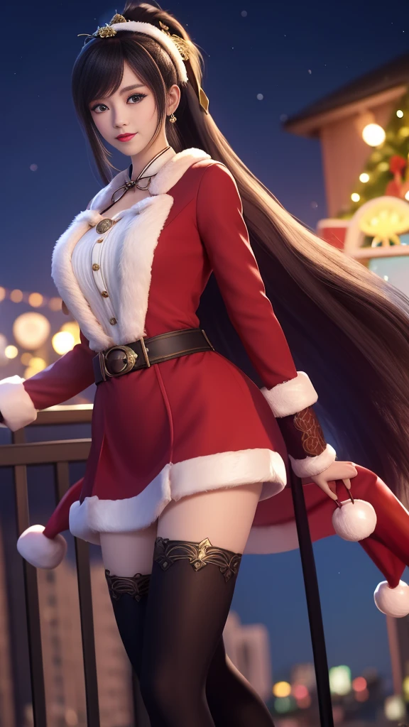 1 Girl, Long hair, skirt,Hair accessories, city View, night, , Boss,白色skirt,Ponytail,,blue eyes,Ponytail, Mrs. Claus,Christmas,