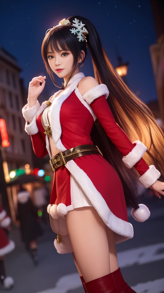 1 Girl, Long hair, skirt,Hair accessories, city View, night, , Boss,白色skirt,Ponytail,,blue eyes,Ponytail, Mrs. Claus,Christmas,