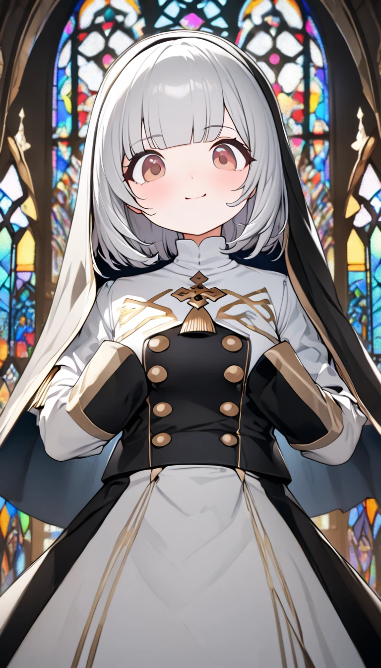 best quality, super fine, 16k, incredibly absurdres, extremely detailed, 2.5D, delicate and dynamic depiction, beautiful and cute nun, long face, wearing pure white monastery uniform, silver bob cut, blunt bangs, pink cheeks, droopy brown eyes, background monastery with stained glass