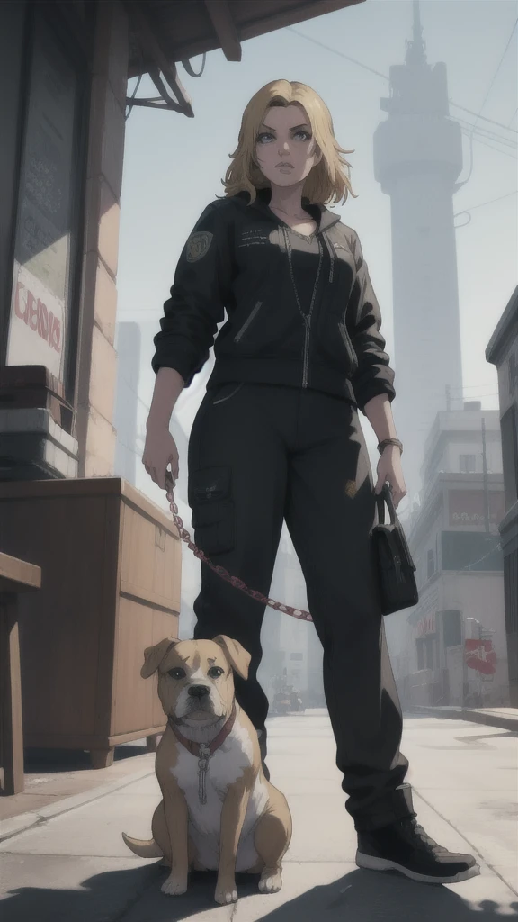 GTAV Loading Screen 2D Graphics, wide angle, whole body, blonde girl standing , holding a chiwawa and a pitbull on a chain with a leash, GTA5 character, cinematographic composition, in front of a city, shadow, bright cinematic lighting, soft contrast, GTA5 loading screen, gta art, 4K Wallpaper, 4K Wallpaper, high quality 4k wallpaper, gta loading screen graphics, arte the fan, art of rockstar games