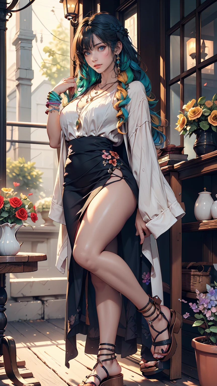 One girl, magician,Have, Very detailed,View your viewers(masterpiece, Highest quality:1.2)、24-year-old female、Sexy proportions、Sexy、Narrow waist、Wear jewellery on your wrist、Attach a necklace、Wear platform sandals、French style braid((french braid))、Inner Color((colored inner hair))、Rainbow Hair((rainbow hair))、Hair Flower((hair flower))