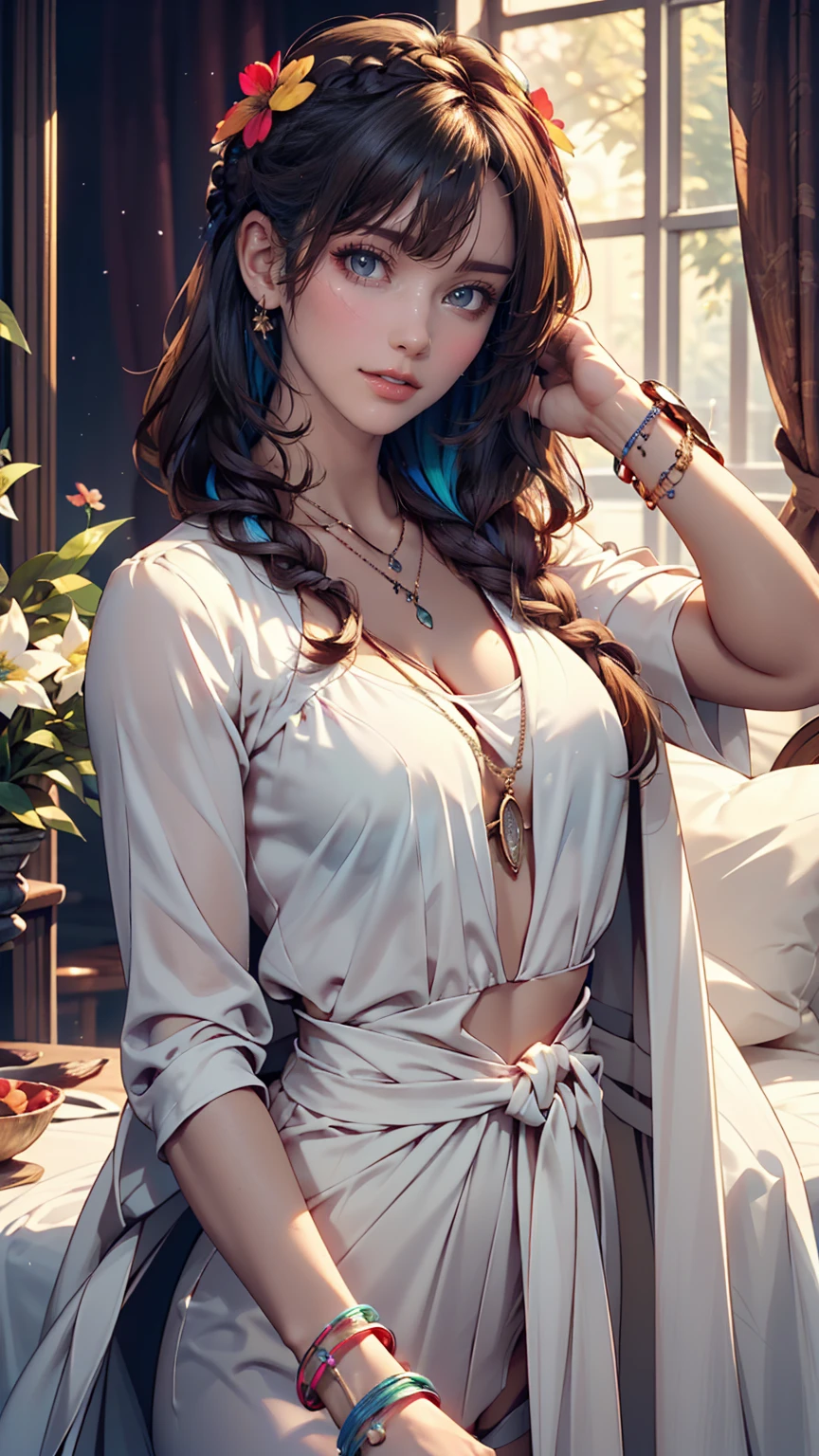One girl, magician,Have, Very detailed,View your viewers(masterpiece, Highest quality:1.2)、24-year-old female、Sexy proportions、Sexy、Narrow waist、Wear jewellery on your wrist、Attach a necklace、Wear platform sandals、French style braid((french braid))、Inner Color((colored inner hair))、Rainbow Hair((rainbow hair))、Hair Flower((hair flower))