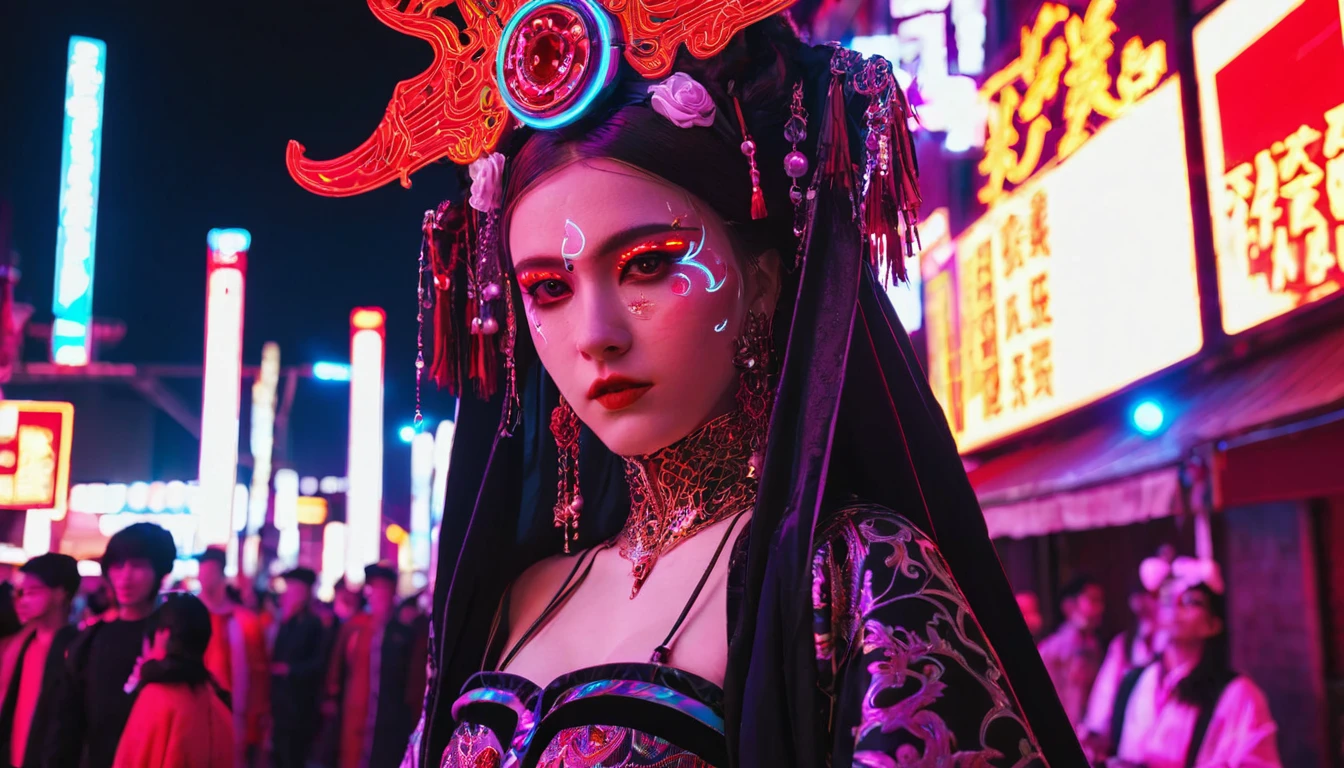 A girl dressed as a courtesan, teenager, one person, cyberpunk, red eyes, glowing eyes, neon street, courtesan procession