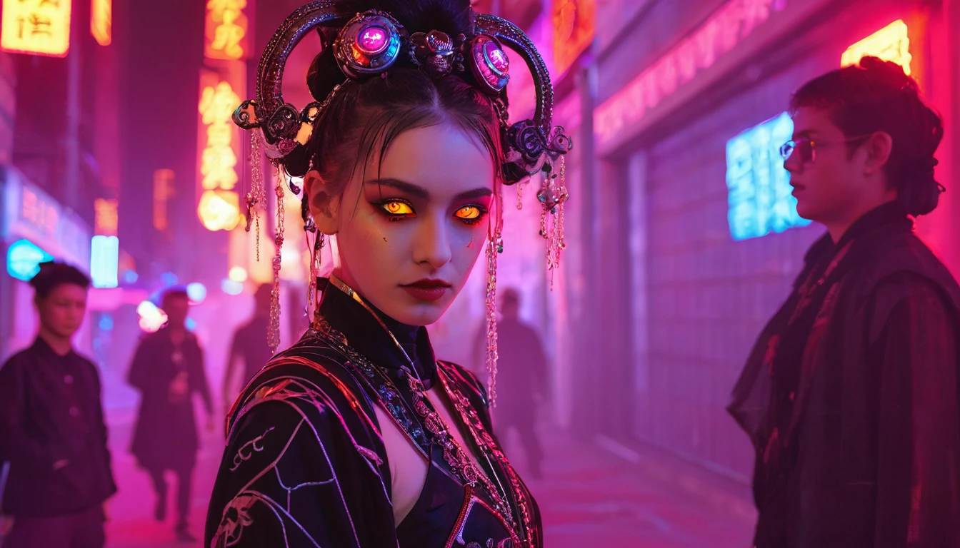 A girl dressed as a courtesan, teenager, one person, cyberpunk, red eyes, glowing eyes, neon street, courtesan procession