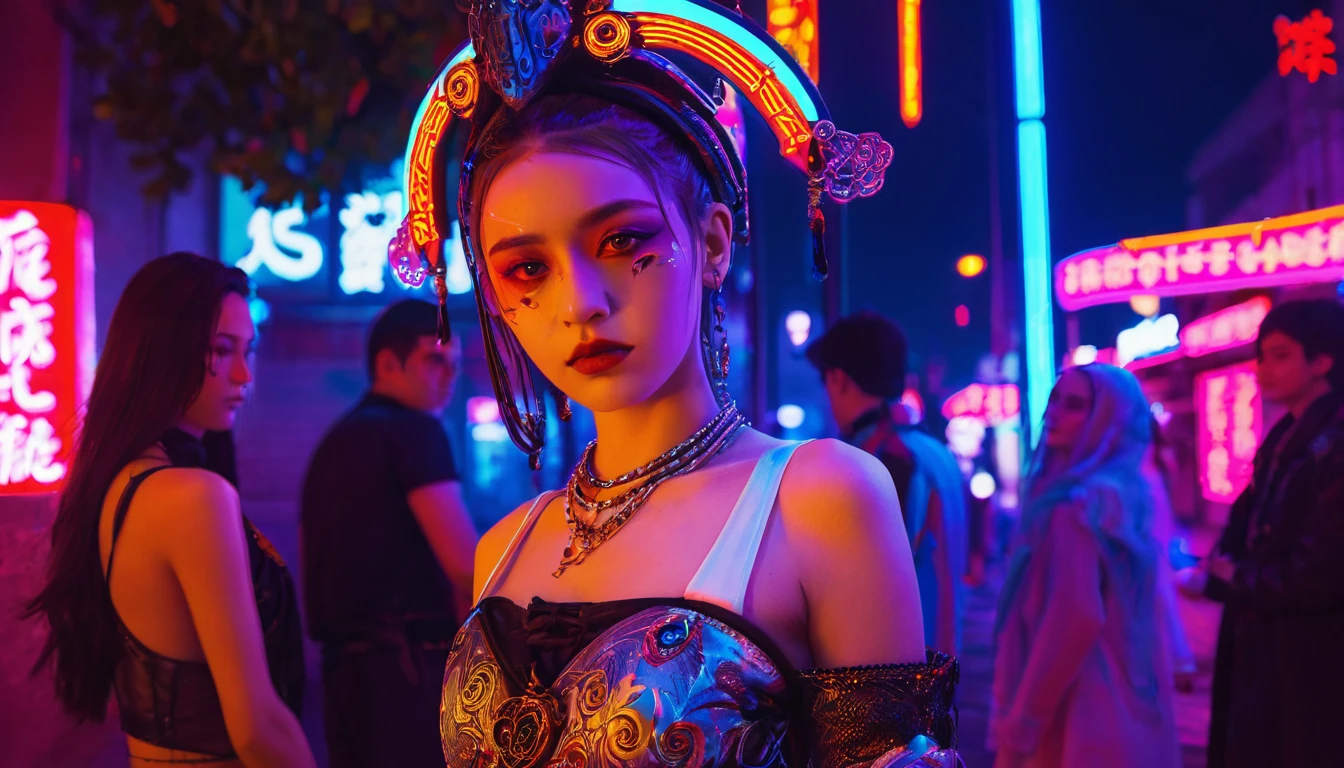 A girl dressed as a courtesan, teenager, one person, cyberpunk, red eyes, glowing eyes, neon street, courtesan procession