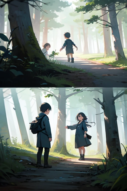Two children playing, 1 girl, 1 boy, in the forest, forest in the background
