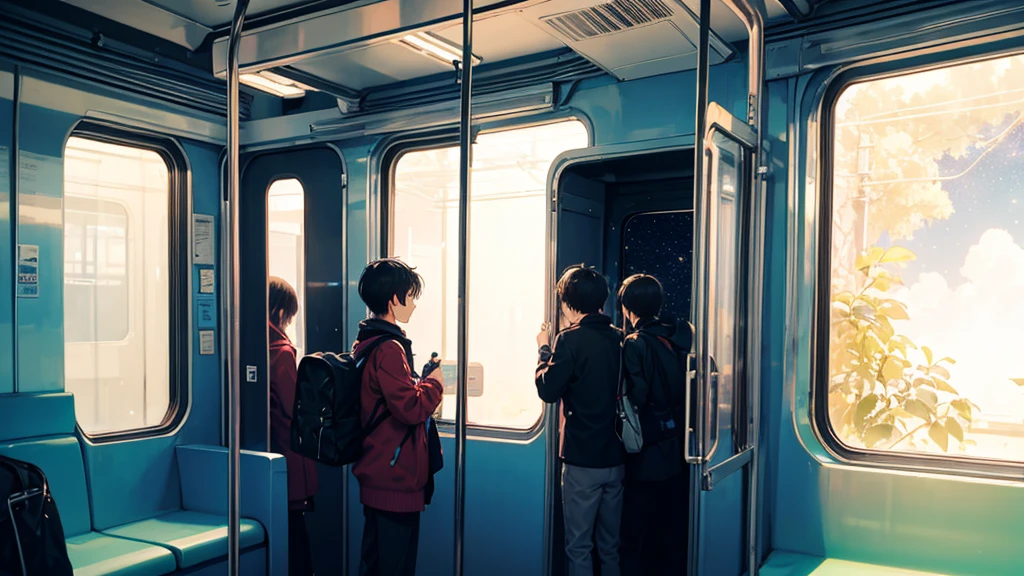 Night on the Galaxy Express、Two boys looking out the train window、15 years old、Starry Sky