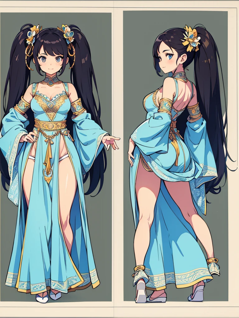 cute, standing lady, three view drawing, front and back and side,full body,simple background,dancer,long hair