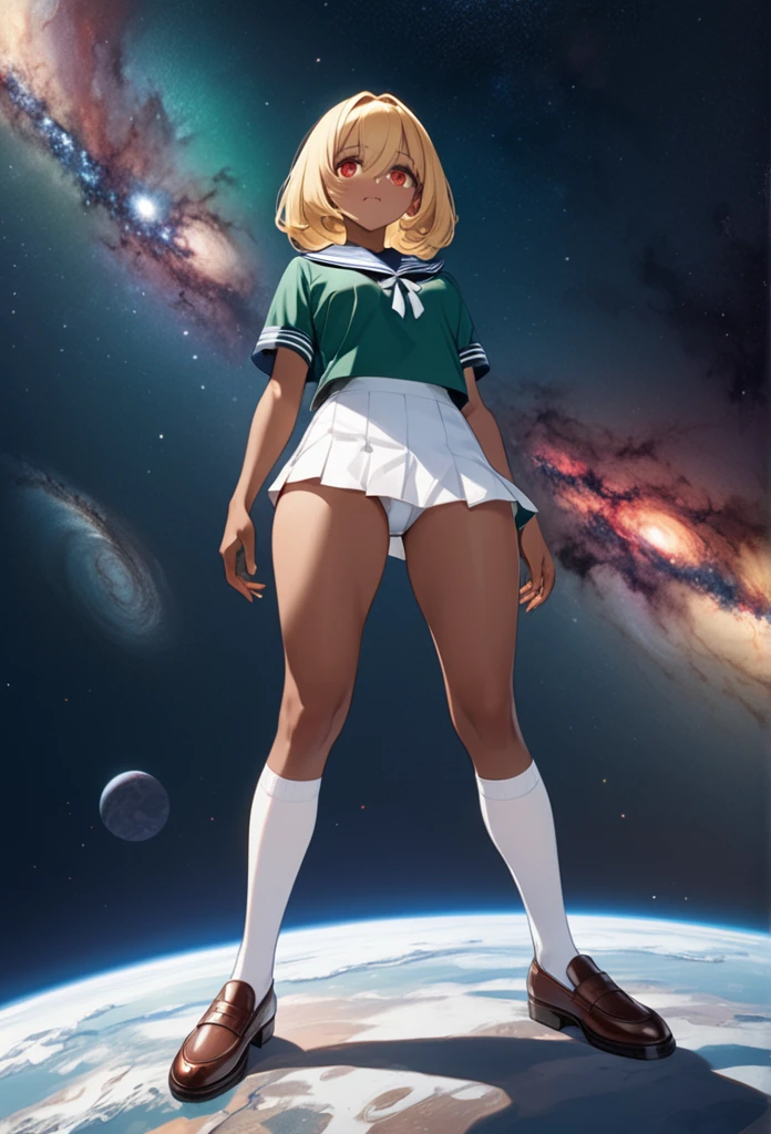 Highest quality, masterpiece, Ultra-high resolution, One girl,
Smooth blonde hair with dark roots Two-tone hair Blonde bob cut Slanted eyes Red eyes Crimson eyes Sparkling eyes drawn in detail Tanned skin Brown skin Chocolate skin Traditional sailor suit Dark green sailor suit White socks Loafers Low angle Perfect proportions Standing with arms crossed Confident expression Eyes drawn in detail Somewhere in space A shooting star